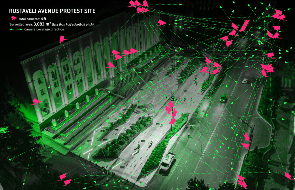 Figure 1: A total of 46 cameras are concentrated at the Rustaveli protest site, in front of Parliament, covering an area less than half the size of a football pitch. Source: AlgorithmWatch, CC BY 4.0.